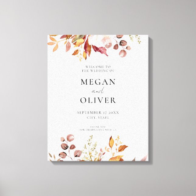 Elegant Boho Herbstflorale Hochzeit Willkommen Leinwanddruck (Vorderseite)