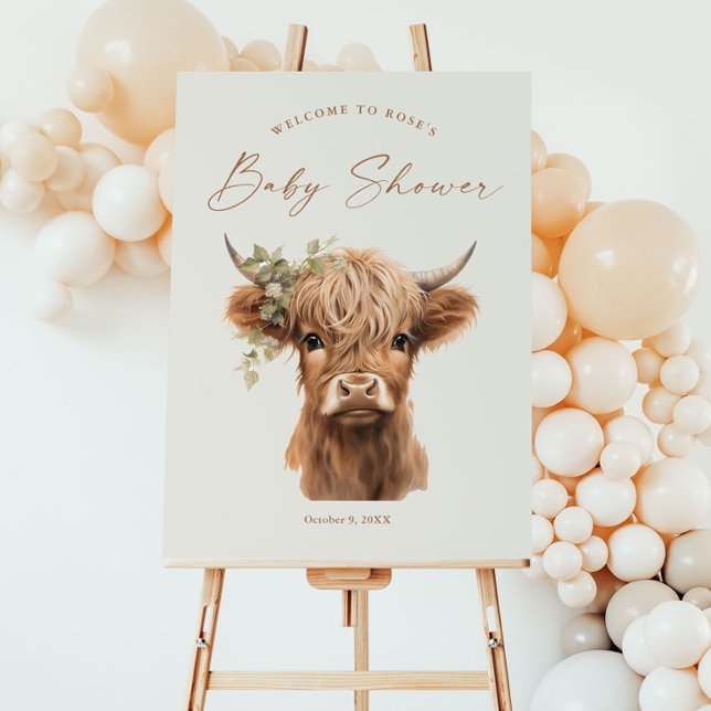 Elegant Boho Highland Cow Baby Shower Willkommen Poster (Boho Highland Cow Script Baby Shower Welcome Sign.)
