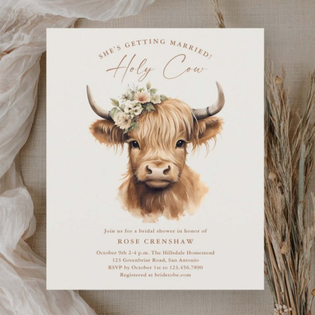 Elegant Boho Highland Cow Brautparty (Elegant boho highland cow budget bridal shower invitations.)