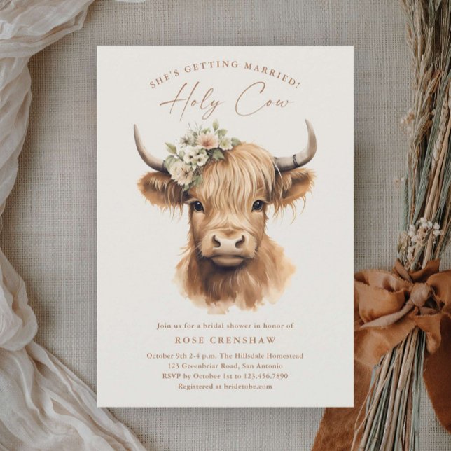 Elegant Boho Highland Cow Brautparty Einladung (Elegant boho highland cow wedding bridal shower invitations.)