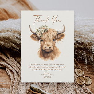 Elegant Boho Highland Cow Kindergeburtstag Dankeskarte