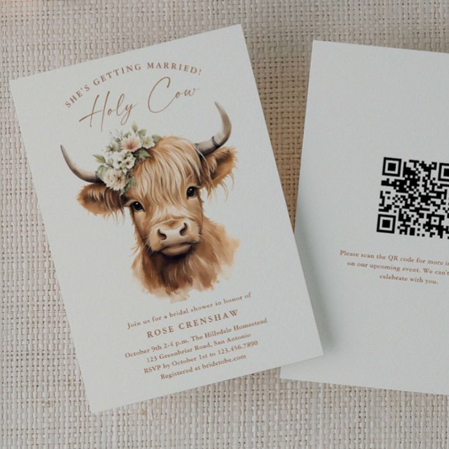 Elegant Boho Highland Cow QR Brautparty Einladung (Elegant Highland Cow QR code Bridal Shower Invitations.)