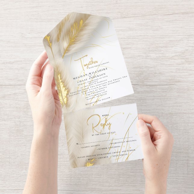Elegant Boho Ivory and Gold Pampas Foil All-in-One-Einladung (Abreißstreifen)