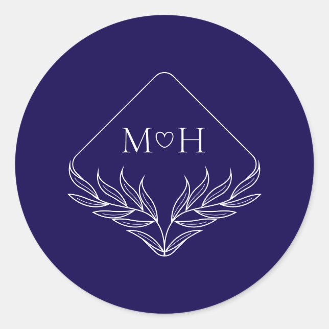 Elegant Boho Leaf Monogram Dark Blue Wedding Runder Aufkleber (Vorderseite)