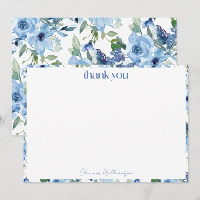 Elegant Boho Light Blue Watercolor Custom Bridal Dankeskarte (Vorne/Hinten)