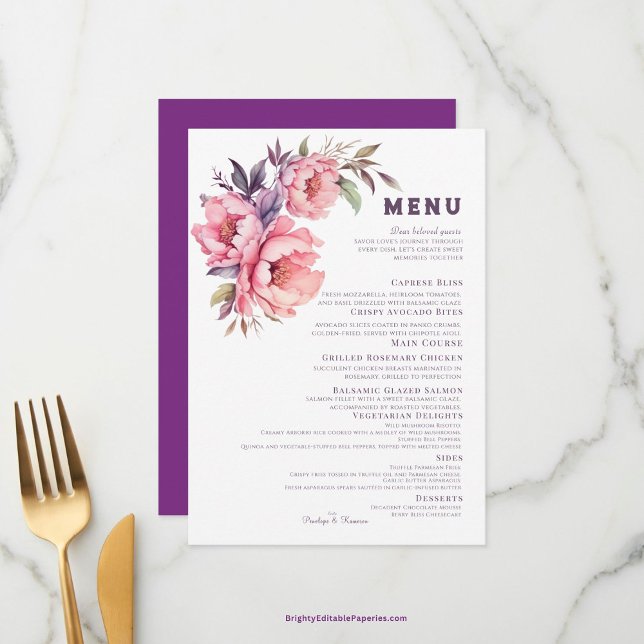 Elegant Boho Lila Peony Wedding Menu Menükarte (A Symphony of Flavor with our Elegant Purple Peony Wedding Menu.)