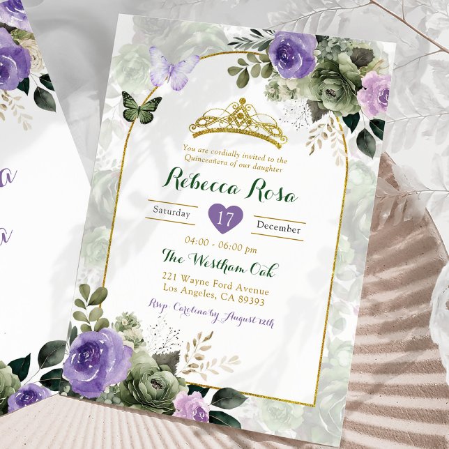 Elegant Boho Lilac Lila Sage Green Quinceañera Einladung (Von Creator hochgeladen)