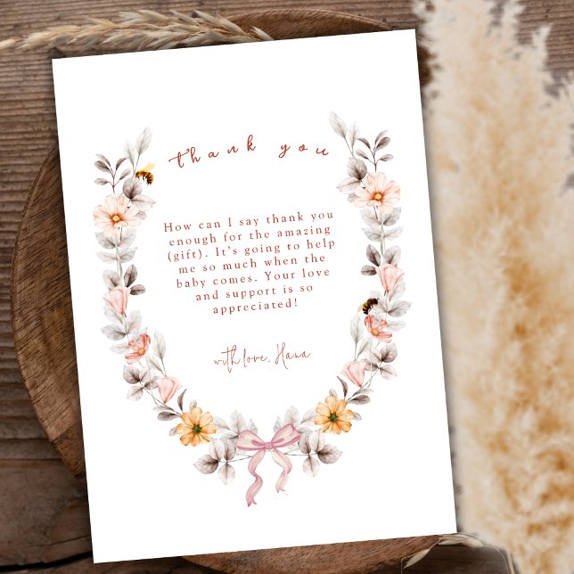 Elegant Boho Little Wildblume Wreath Baby Shower Dankeskarte (Elegant Boho Little Wildflower Wreath Baby Shower Thank You Card)