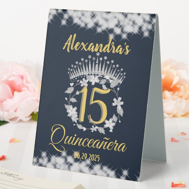 Elegant Boho Marine Silver Quinceañera Spanisch Tischaufsteller (In Situ (Hochzeit))