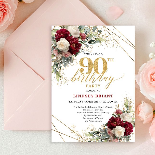 Elegant Boho Maroon White Roses Gold 90th Birthday Einladung (Elegant Maroon White Roses Gold 90th Birthday Invite)