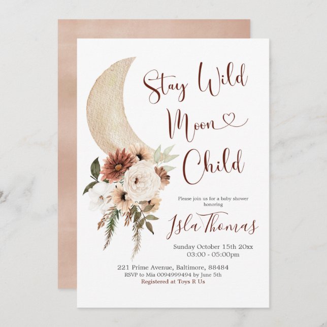 Elégant Boho Moon Baby shower Invitation (Devant / Derrière)