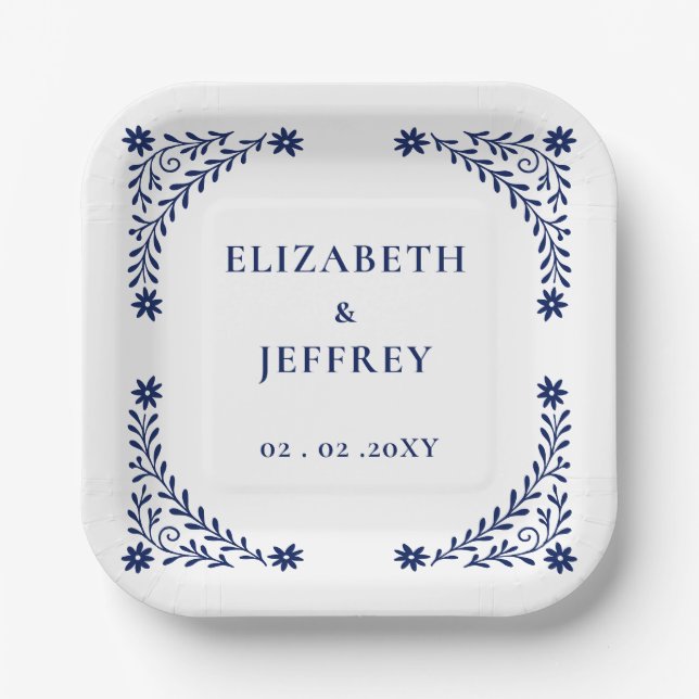 Elegant Boho Navy Floral Wedding Pappteller (Vorderseite)