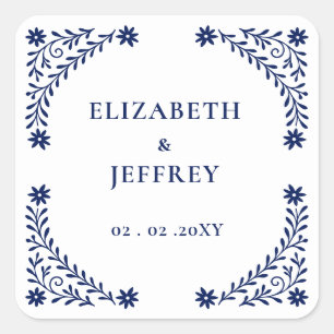 Elegant Boho Navy Floral Wedding Quadratischer Aufkleber