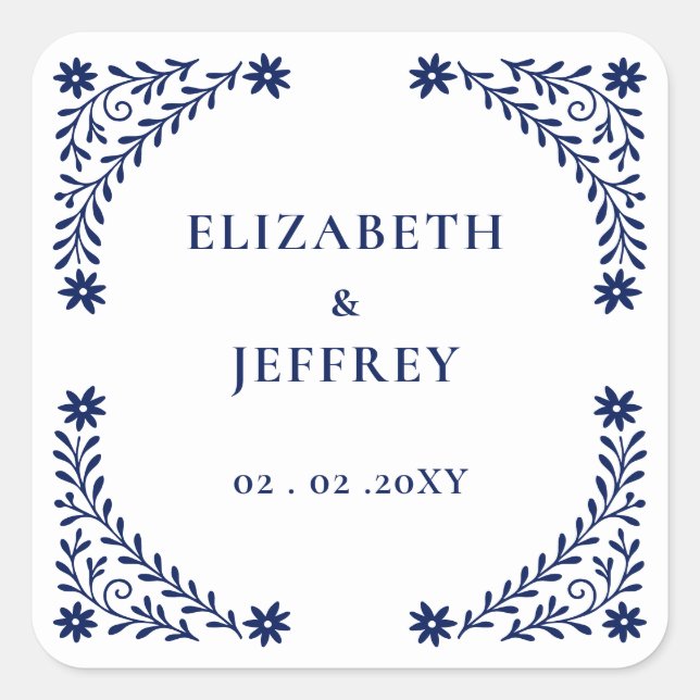 Elegant Boho Navy Floral Wedding Quadratischer Aufkleber (Vorderseite)