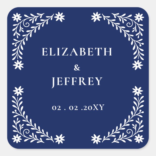 Elegant Boho Navy Floral Wedding Quadratischer Aufkleber (Vorderseite)