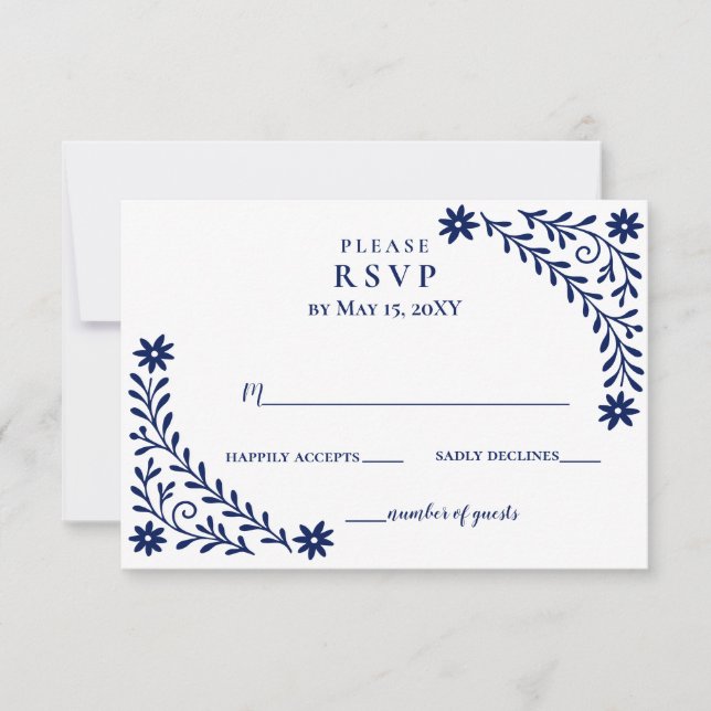 Elegant Boho Navy Floral Wedding RSVP Karte (Vorderseite)