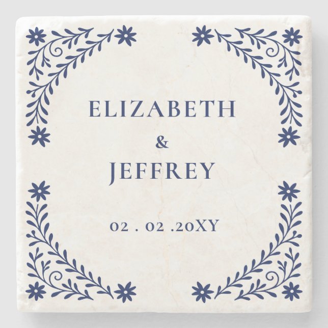 Elegant Boho Navy Floral Wedding Steinuntersetzer (Vorderseite)