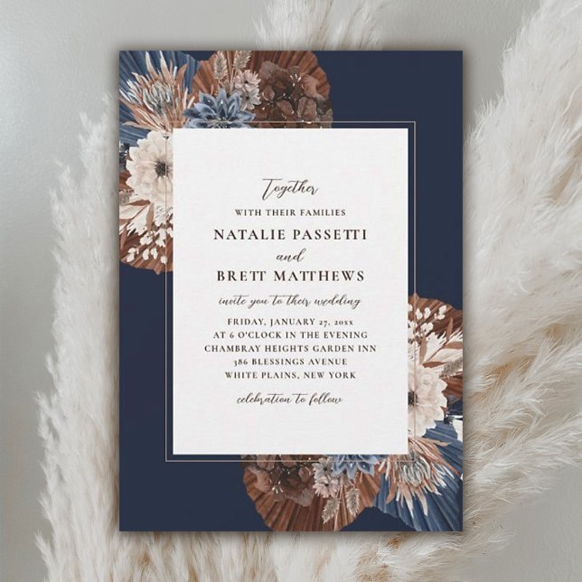Elegant Boho Navy und Brown Florals Wedding Einladung (Von Creator hochgeladen)