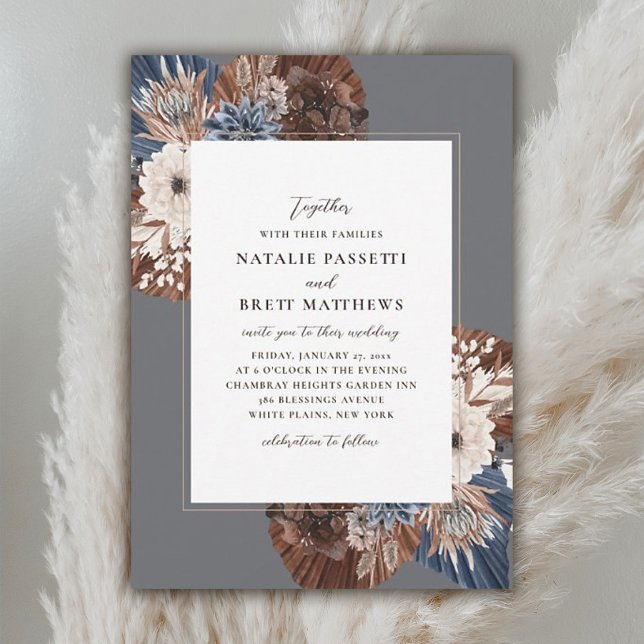 Elegant Boho Navy und Brown Florals Wedding Einladung (Von Creator hochgeladen)