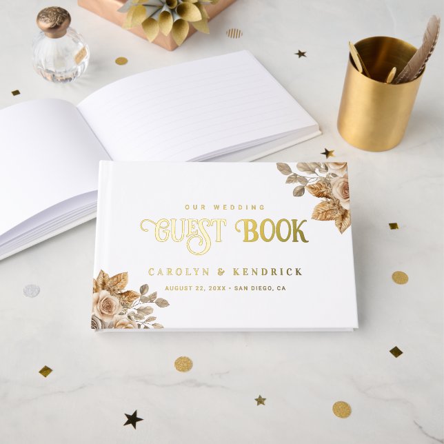 Elegant Boho neutrale florale Accents Wedding Gold Gästebuch (Vorderseite Offen)