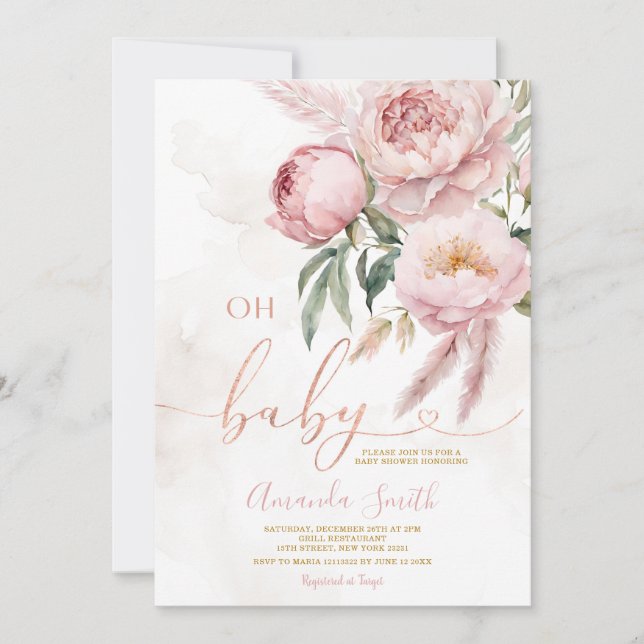 Elegant Boho Oh Baby Pink Roses Blume Babydusche Einladung (Vorderseite)