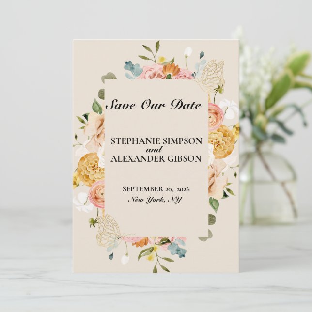Élégant Boho Or Rose Floral Enregistrer La Carte D (Debout devant)