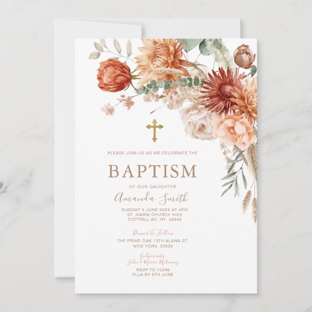 Elegant Boho Orange Floral Taufe Christening Einladung (Vorderseite)
