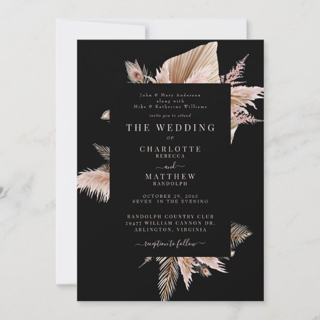 Elegant Boho Pampas Black Wedding Einladung (Vorderseite)