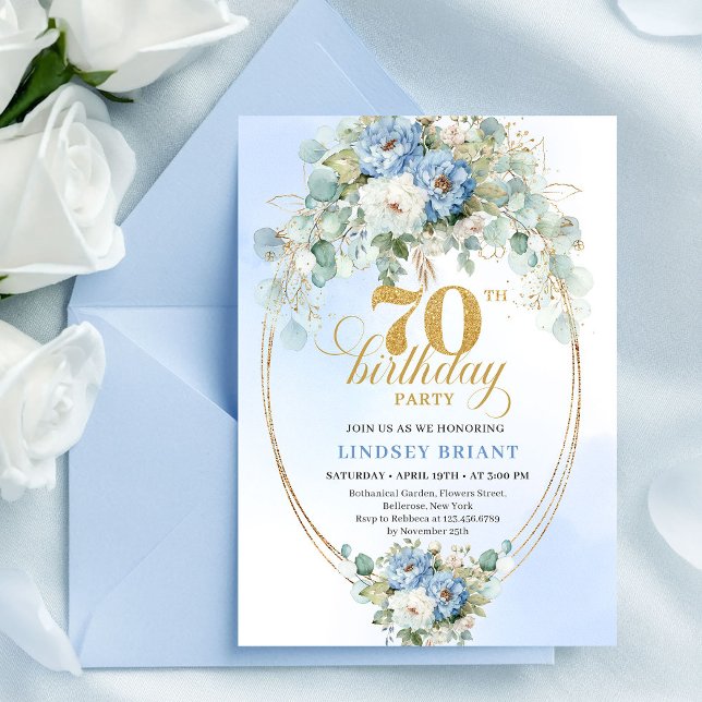 Elegant Boho Pastel Blue Peonies 70th Birthday   Einladung (Elegant Boho Pastel Blue Peonies 70th Birthday Invite)