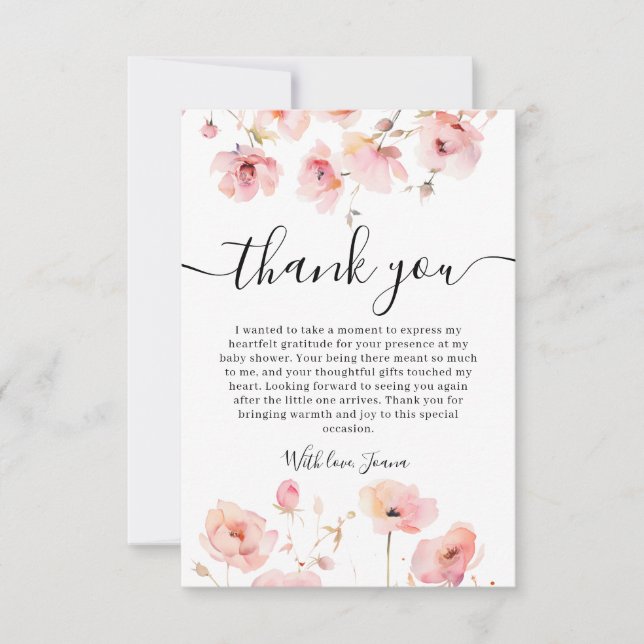 Elegant Boho Pastel Pink Floral Baby Shower Dankeskarte (Vorderseite)