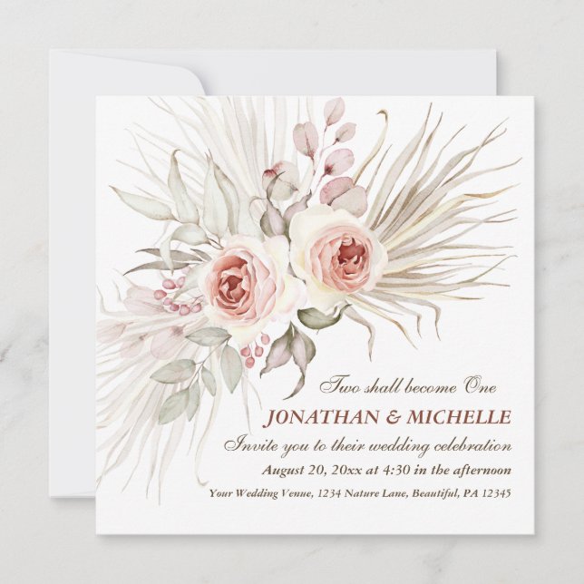Elegant Boho Pink Blush Christliche Hochzeit Einladung (Vorderseite)
