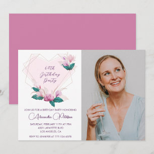 Elegant Boho Pink Floral Foto 64. Geburtstag Einladung