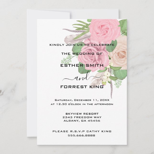 Elegant Boho Pink White Floral Bouquet Wedding Einladung (Vorderseite)