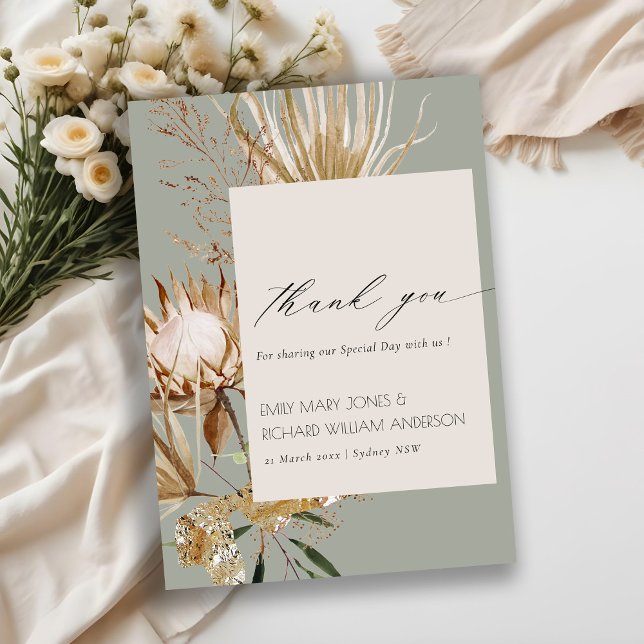 Elegant Boho Protea Dried Palm Floral Wedding Dankeskarte (Von Creator hochgeladen)