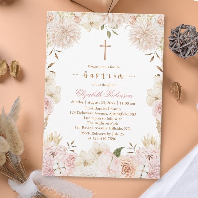 Élégant Boho rose Floral Baptism Invitation (Créateur téléchargé)
