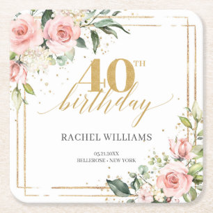 Elegant boho rot Rosen grün 40. Geburtstag Rechteckiger Pappuntersetzer