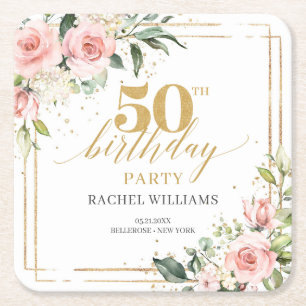 Elegant boho rot Rosen grün 50. Geburtstag Rechteckiger Pappuntersetzer