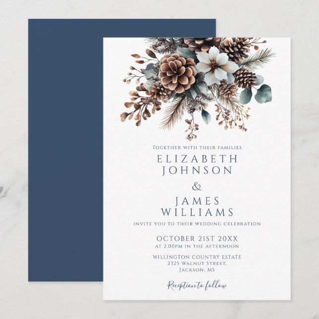Elegant Boho Rustic Floral Pinecone Hochzeit Einladung (Vorne/Hinten)