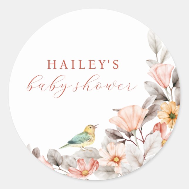 Elegant Boho Rustic Wildblume Baby Shower Runder Aufkleber (Vorderseite)