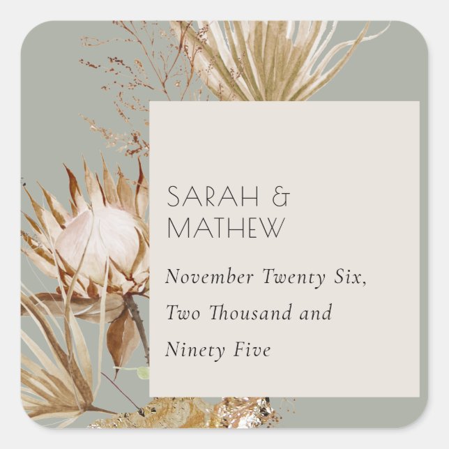 Elegant Boho Saga Green Protea getrocknet Palm Flo Quadratischer Aufkleber (Vorderseite)