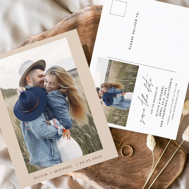 Elegant Boho Save the Date Foto Minimalistisch Ankündigungspostkarte (Von Creator hochgeladen)
