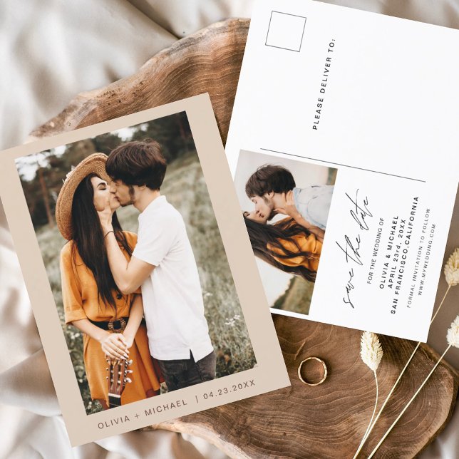 Elegant Boho Save the Date Foto Minimalistisch Ankündigungspostkarte (Von Creator hochgeladen)