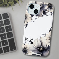 Elegant Boho Schwarz-weiß Floral Monogram
