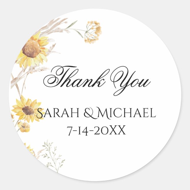 Elegant Boho Sonnenblumen Hochzeitsticker Runder Aufkleber (Vorderseite)