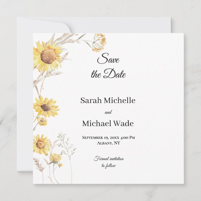 Elegant Boho Sonnenblumen Save the Date laden ein (Vorderseite)