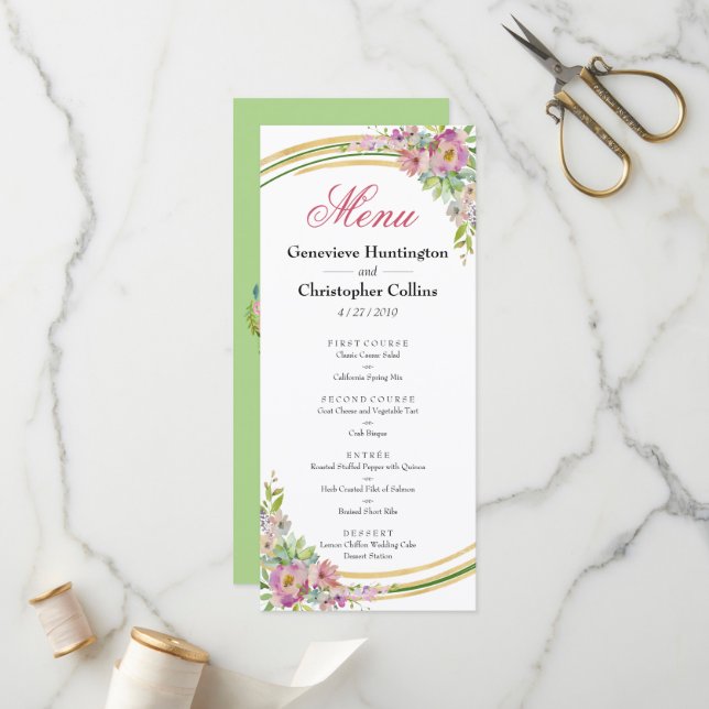Elégant Boho Spring Floral Gold Reception Menu (Devant/Arrière en situation)