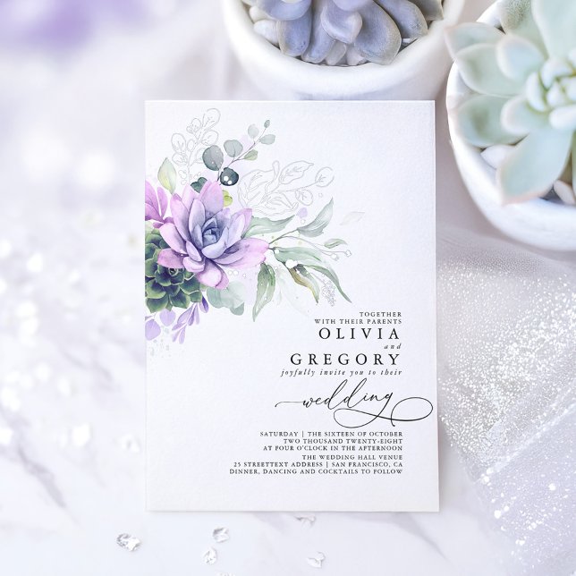 Elegant Boho Succulents Silver Greenerity Wedding Folieneinladung (Succulents Greenery Purple Boho Silver Foil Wedding Invitation)