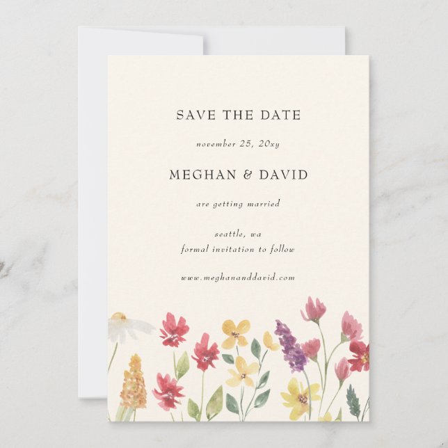 Elegant Boho Summer Wildblume Save the Date Ankündigung (Vorderseite)