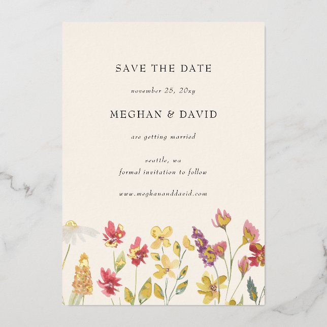 Elegant Boho Summer Wildblume Save the Date Folieneinladung (Vorderseite)