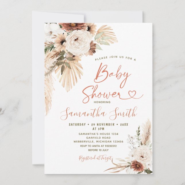 Elegant Boho Terracota White Floral Baby Shower Einladung (Vorderseite)